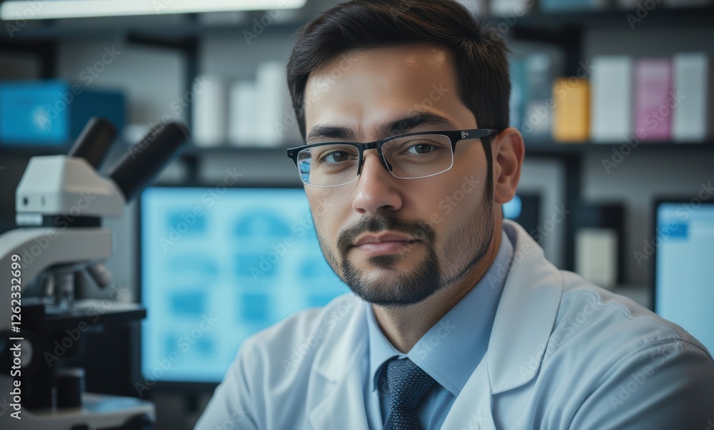 Confident Hispanic male scientist in lab Confident Hispanic male scientist in lab