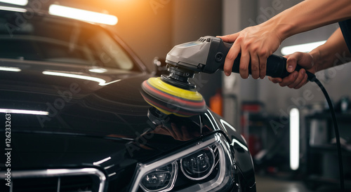 Car, detailing and polish with buffer for professional auto service, vehicle maintenance and paint protection. Garage, cleaning and restoration work for automotive care