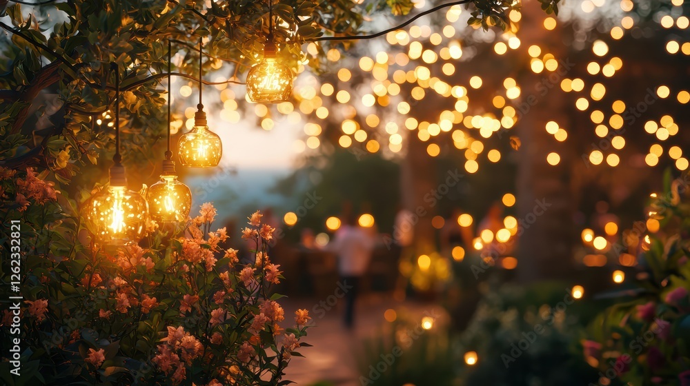 Naklejka premium Cozy evening gathering in a lush garden under string lights