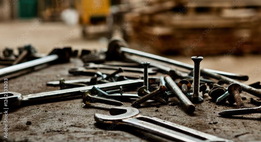 Close-up of assorted tools and screws on a dusty workbench Close-up of assorted tools and screws on a dusty workbench