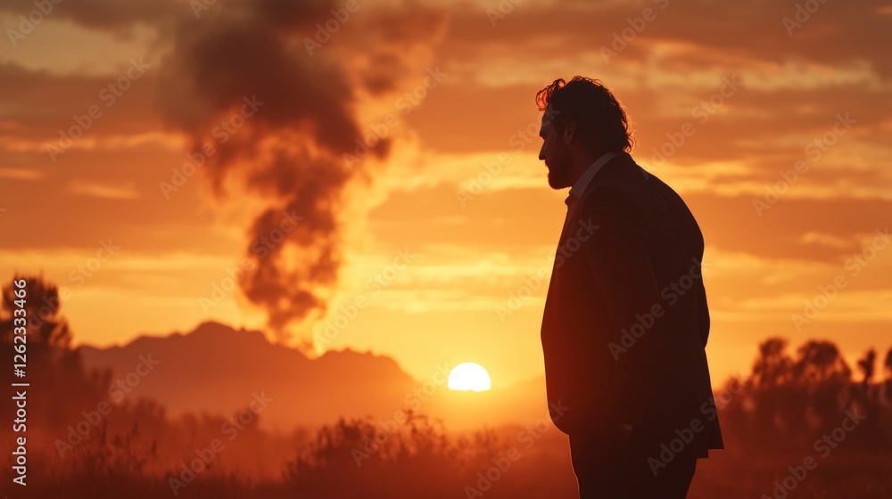 Businessman Silhouette Sunset Desert Landscape Contemplation Businessman Silhouette Sunset Desert Landscape Contemplation