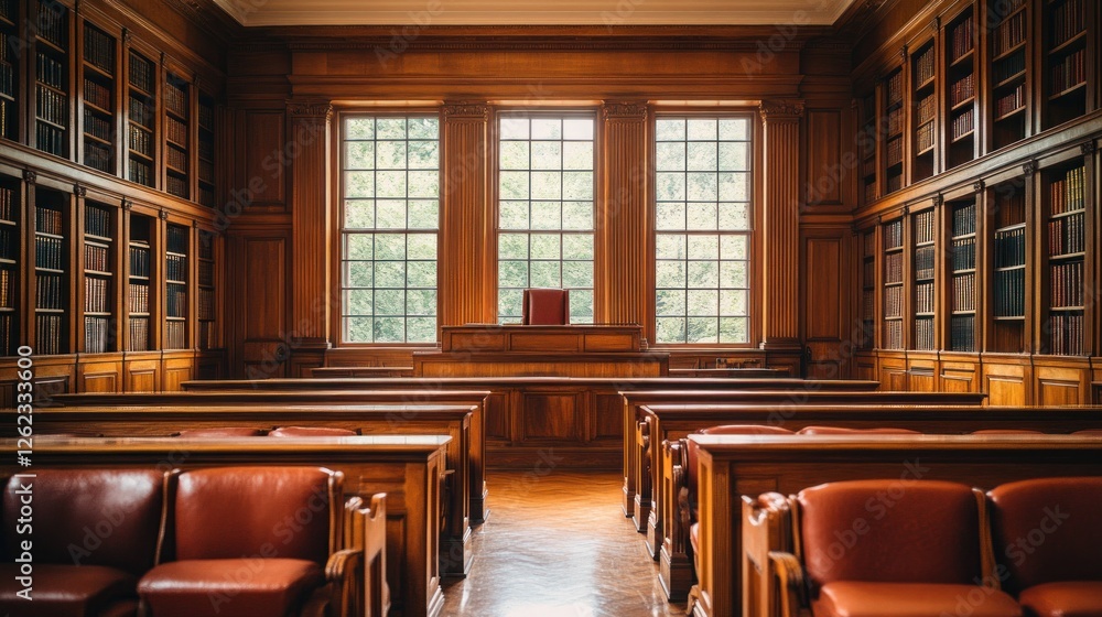 Obraz premium Ornate library room, wooden shelves, red seating, daylight