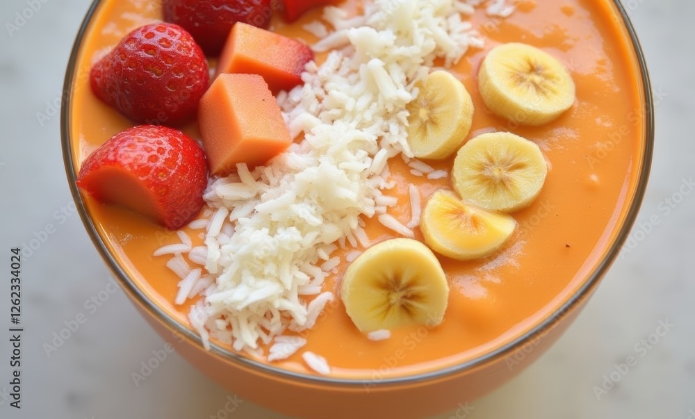 Colorful fruit smoothie bowl with toppings Colorful fruit smoothie bowl with toppings