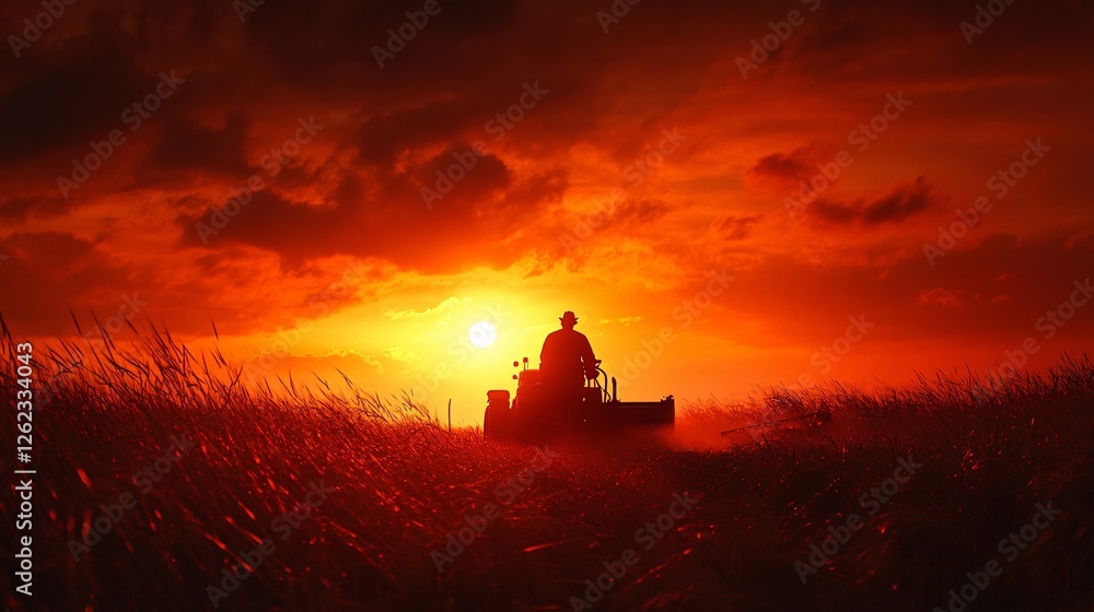A dramatic silhouette of a farmer on a tractor, working the field with a harrow at sunset, highlighting the beauty of farming and nature’s rhythm. A dramatic silhouette of a farmer on a tractor, working the field with a harrow at sunset, highlighting the beauty of farming and nature’s rhythm.