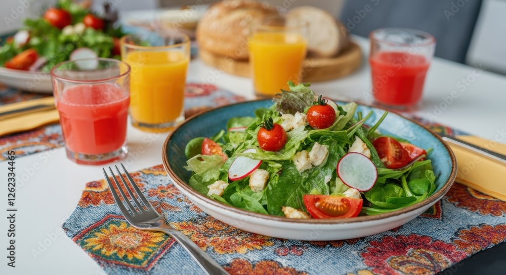 Fresh salad with vegetables and juices on a vibrant table setting Fresh salad with vegetables and juices on a vibrant table setting