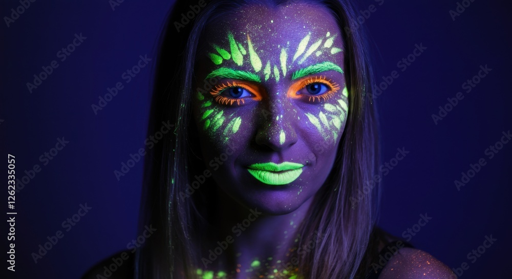 Young caucasian female with neon face paint in dark room Young caucasian female with neon face paint in dark room