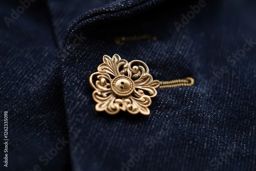 Ornate brass button on denim jacket for detail shots and fashion article use photo