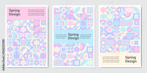 spring poster. Modern grid flyer with geometric shapes, geometry graphics and abstract background vector set. Geometry grid pattern banner vivid presentation illustration