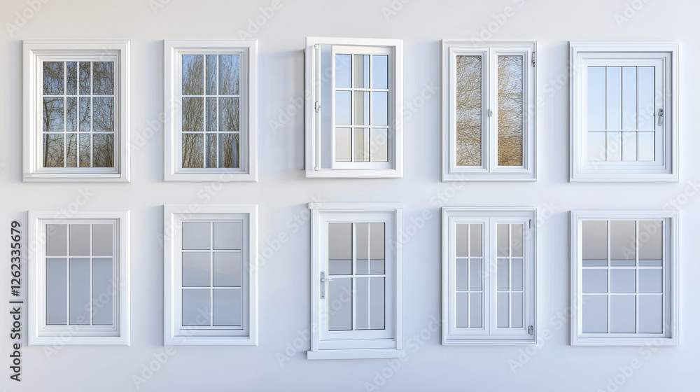 Windows with opened casements, vector white plastic frames, sills and glass panes, architecture and interior design. Realistic 3d windows with PVC, metal or aluminum profiles, locking handles Windows with opened casements, vector white plastic frames, sills and glass panes, architecture and interior design. Realistic 3d windows with PVC, metal or aluminum profiles, locking handles