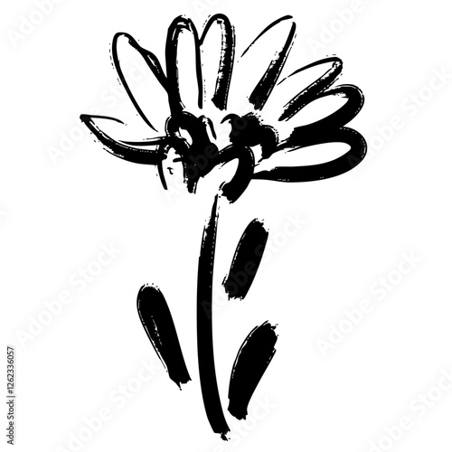 Ink marker gouache flowers hand drawn sketches illustrations. Dry brush stroke simple minimalistic floral doodles isolated on white for cosmetics, kid education.