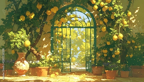 Lemons grow over archway, possible garden scene, bright sunlight