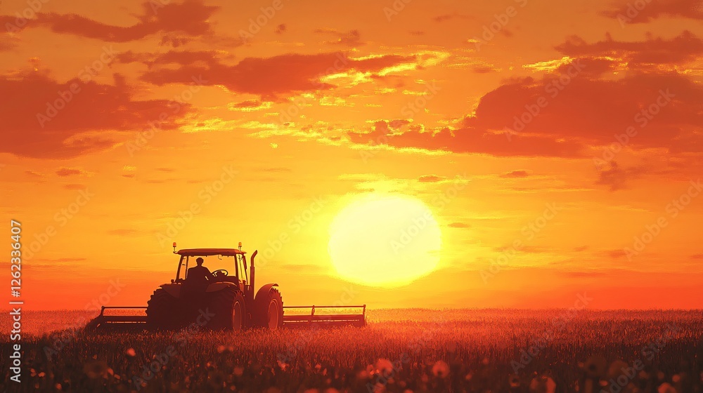 Fototapeta premium Silhouette of a farmer on a tractor with a harrow, plowing the soil at sunset, creating a striking contrast against the golden sky and open field.