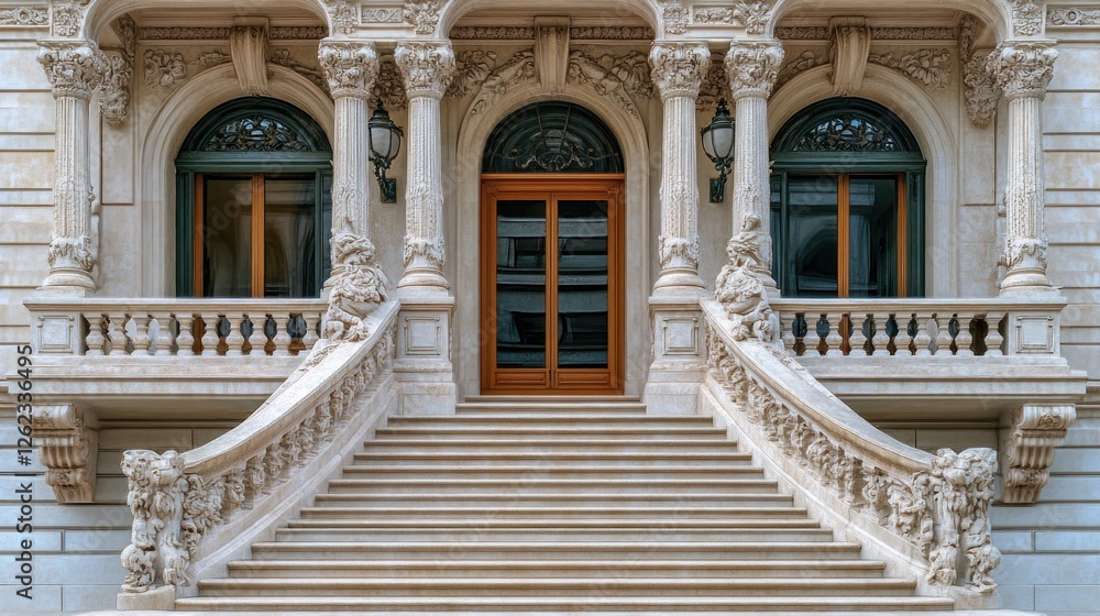 Obraz premium Ornate stone staircase leading to grand entrance of historic building