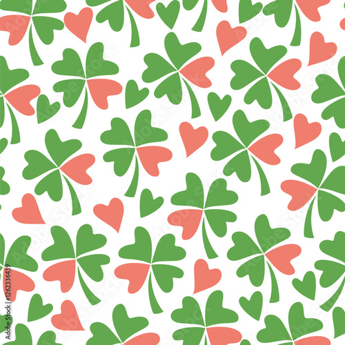 Vector seamless pattern with a four-leaf clover with a heart instead of one leaf