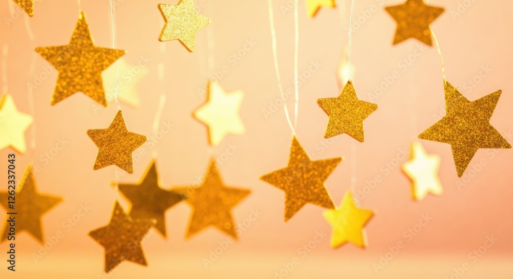 Golden stars hanging in a dreamy atmosphere with soft lighting Golden stars hanging in a dreamy atmosphere with soft lighting