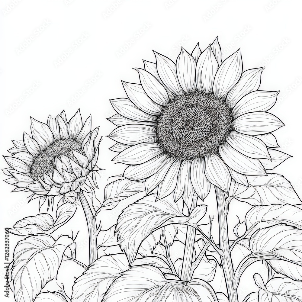 Fototapeta premium Sunflower Outline Hand Drawn Illustration. Beautiful Line Art Clip Art of Floral Blossom