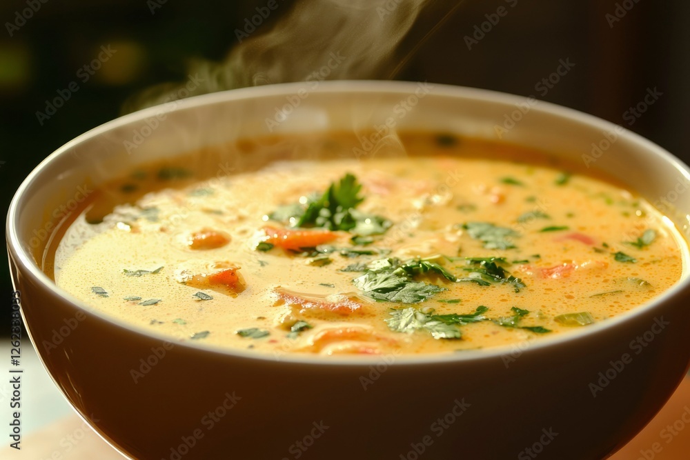 Hot tasty creamy soup with herbs in bowl on table for dinner in kitchen Hot tasty creamy soup with herbs in bowl on table for dinner in kitchen