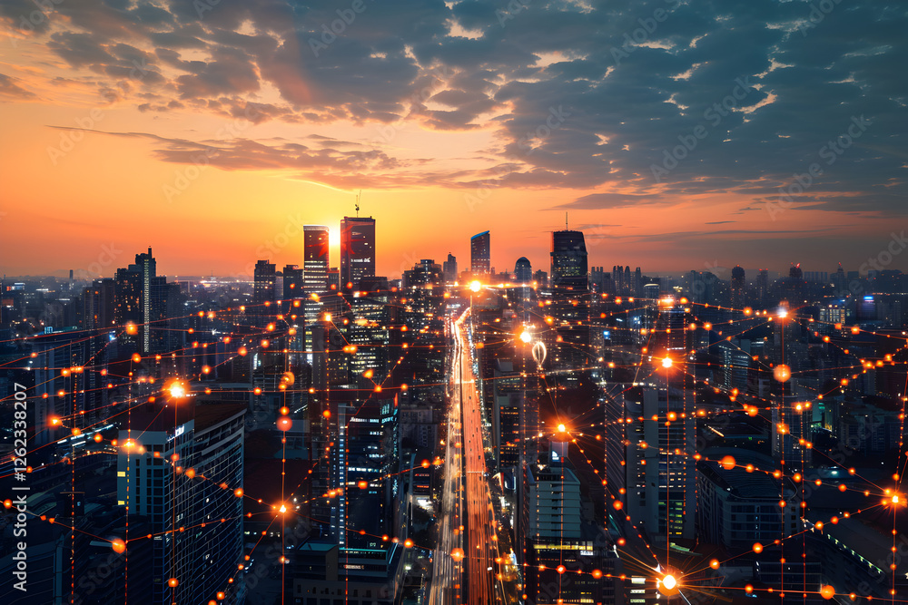 Fototapeta premium A futuristic city skyline at sunset, connected by digital network lines.