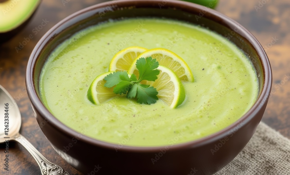Creamy avocado soup with lime slices Creamy avocado soup with lime slices