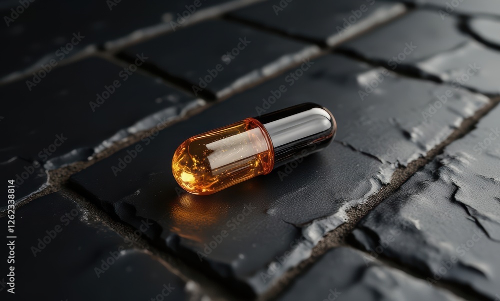Close-up of a golden capsule on stone. Close-up of a golden capsule on stone.