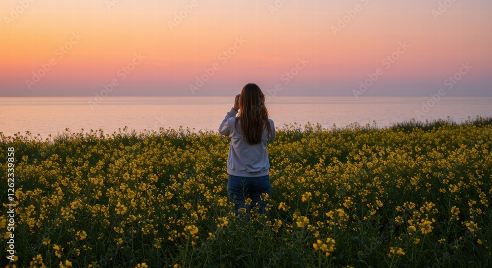 Fototapeta premium A woman enjoys the sunset in a flower garden with her camera