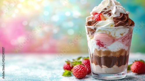 Freshly layered dessert with strawberries, cream, and chocolate in a colorful...