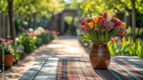 Vibrant bouquet of pink and orange tulips on outdoor table in sunny garden se...
