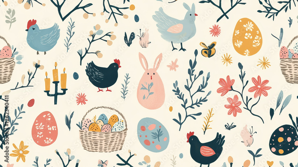 Easter holiday symbols seamless pattern background with Easter egg, rabbit bunny, spring flower, chicken, egg hunt basket, chick, lamb of God, cross, candle, butterfly, willow tree twig and ladybird Easter holiday symbols seamless pattern background with Easter egg, rabbit bunny, spring flower, chicken, egg hunt basket, chick, lamb of God, cross, candle, butterfly, willow tree twig and ladybird