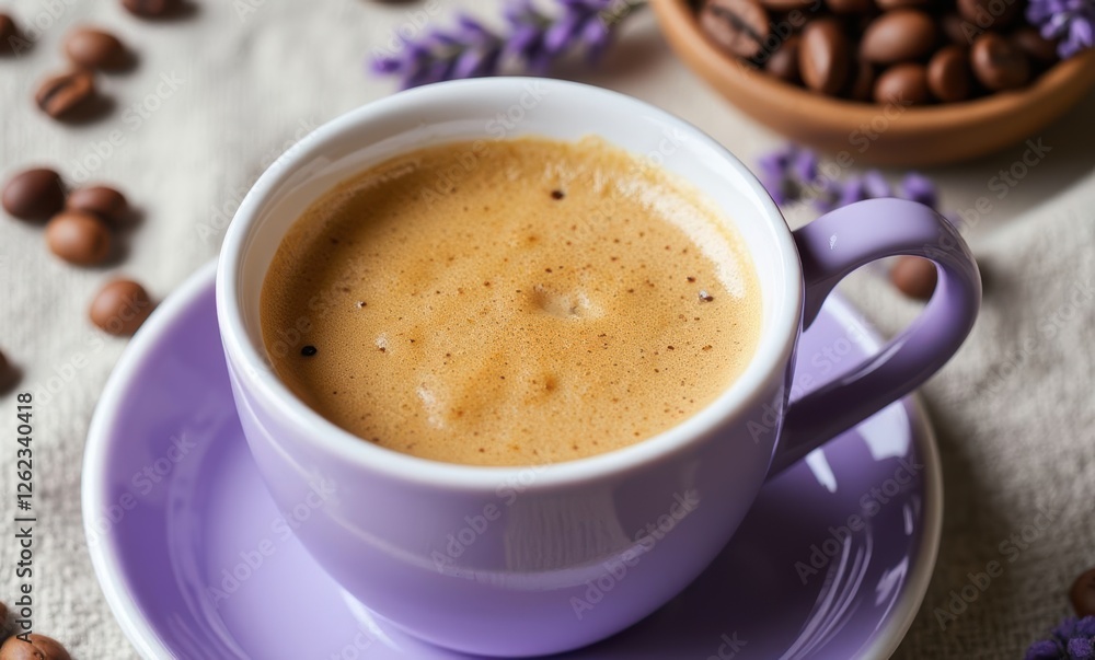 Purple coffee cup with espresso and beans Purple coffee cup with espresso and beans