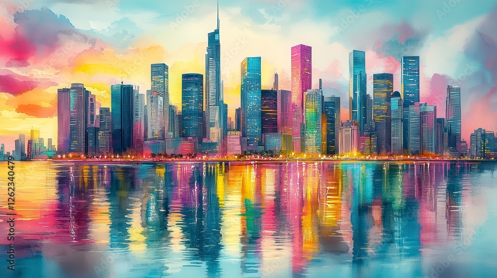 Obraz premium Colorful City Skyline at Sunrise or Sunset with Watercolor Effect
