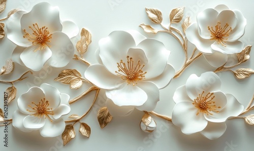 Elegant 3D Flower Decoration with Silk Background Print for Wall Art and Home Decor featuring Stunning White and Gold Blossoms, Generative AI