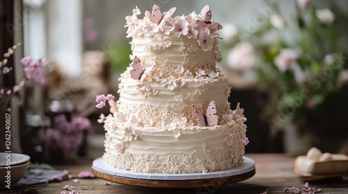 Elegant three-tiered cake decorated with flowers and butterflies in a cozy in...
