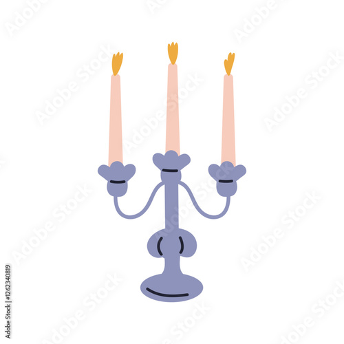 Candelabrum with lit candles in holders. Candleholder with tall taper pillar candlelight decoration. Festive light decor in candlesticks. Flat vector illustration isolated on white background