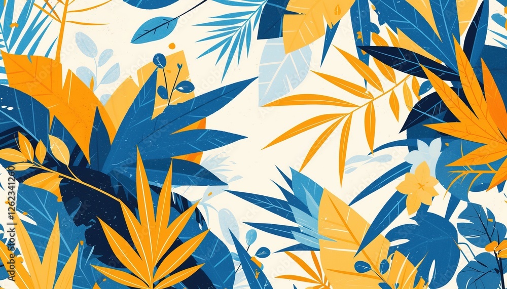 Pattern of blue and yellow leaves against a white background, for use as wallpaper Pattern of blue and yellow leaves against a white background, for use as wallpaper