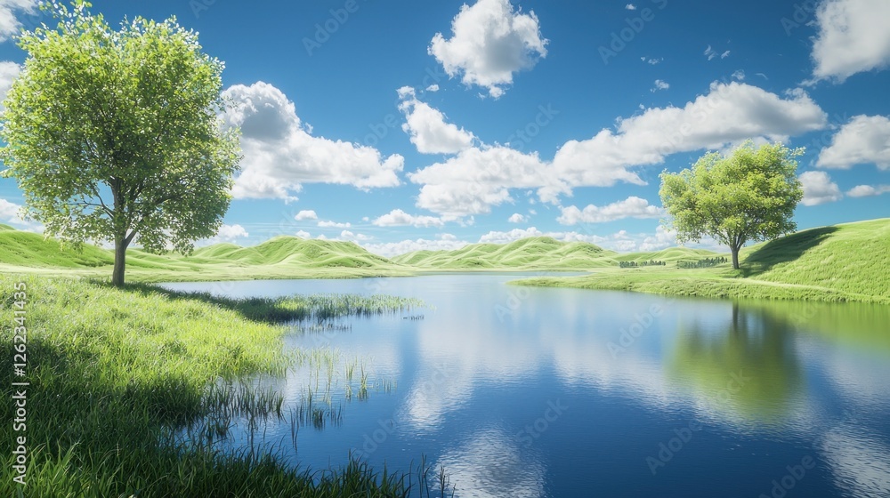 Serene spring landscape with lake and rolling hills Serene spring landscape with lake and rolling hills