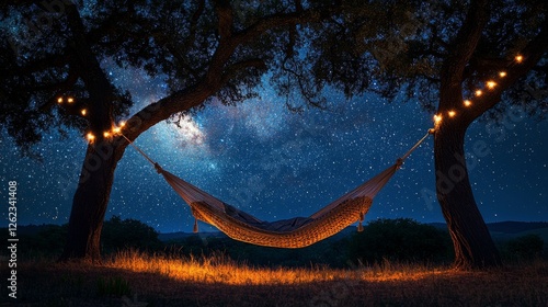 Starry night sky with hammock between trees in peaceful outdoor setting