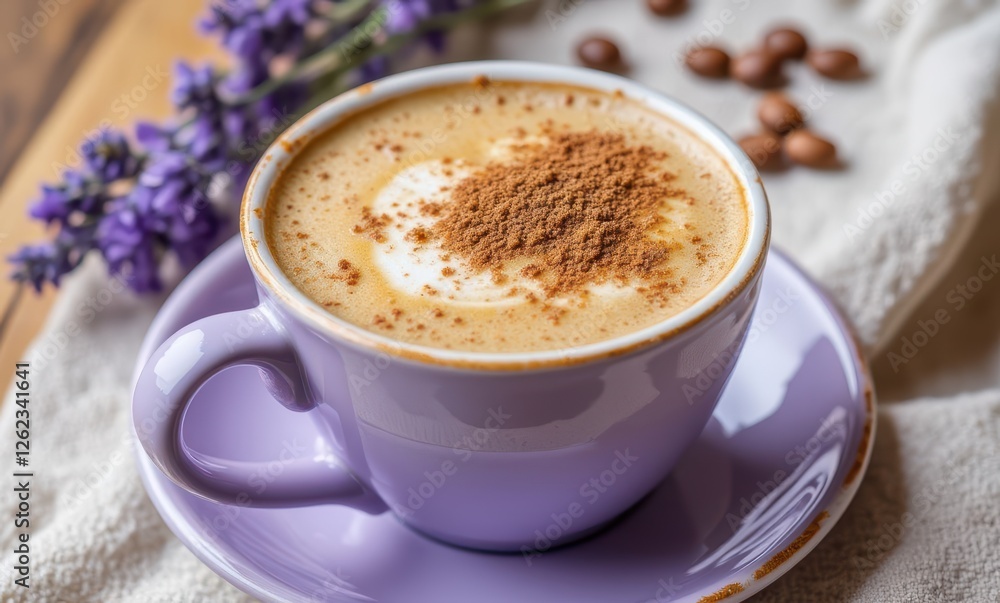 Delicate coffee with spices in lavender cup Delicate coffee with spices in lavender cup