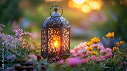 Soft glow of lantern amidst blooming flowers at sunset in a serene garden