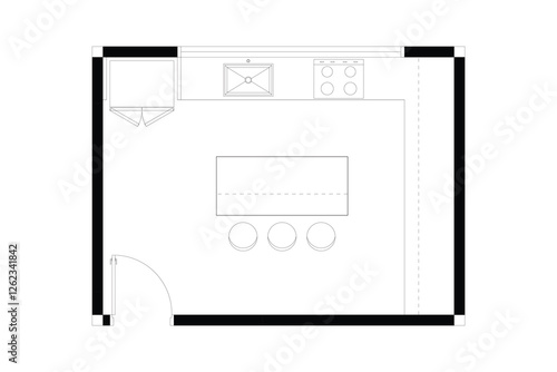 2d layout of kitchen furniture plan of interior design, black lines on white background, isolated. Set 1