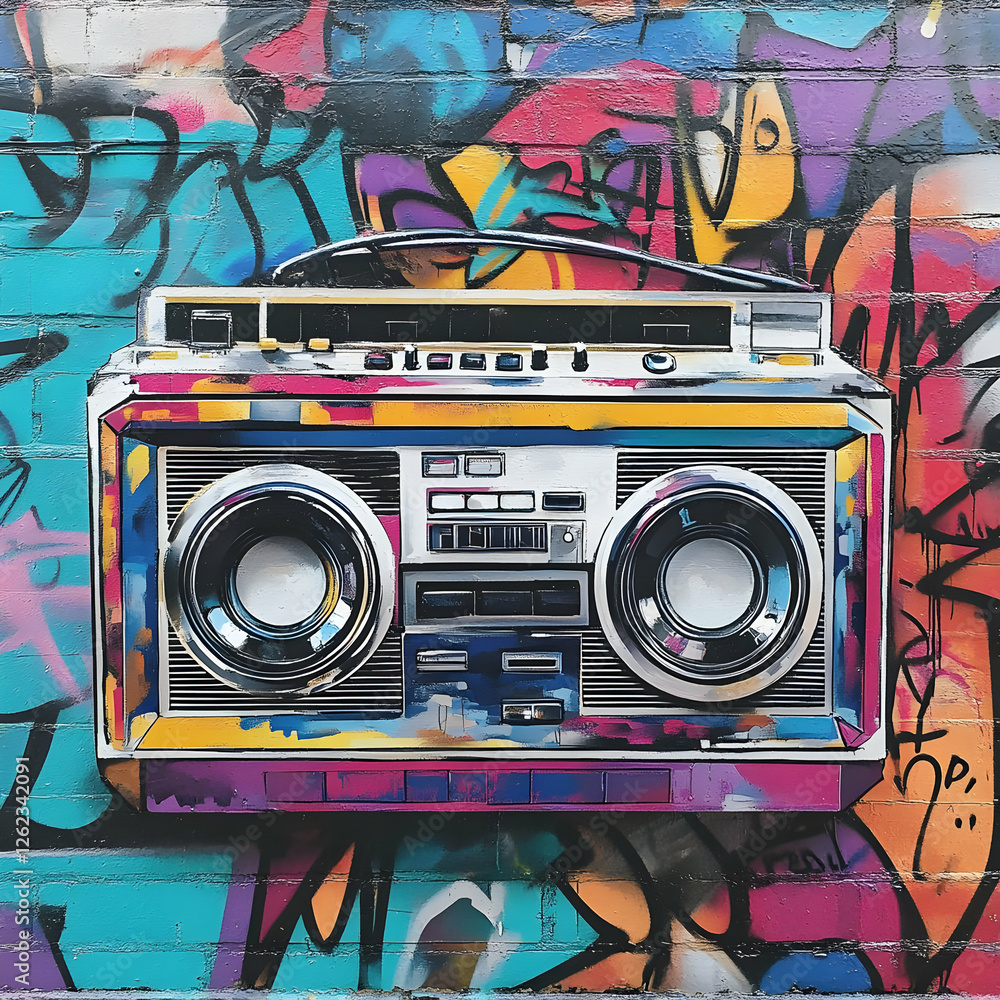 Fototapeta premium A vibrant graffiti mural featuring a retro boombox against a colorful background.