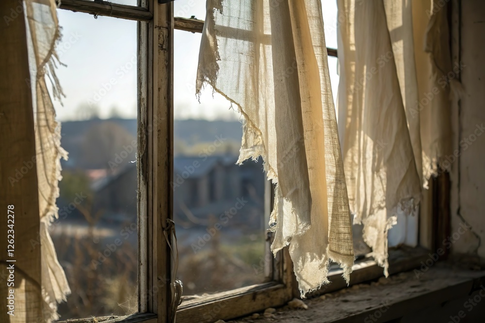 Torn curtain on old window. Decayed abandoned building Torn curtain on old window. Decayed abandoned building