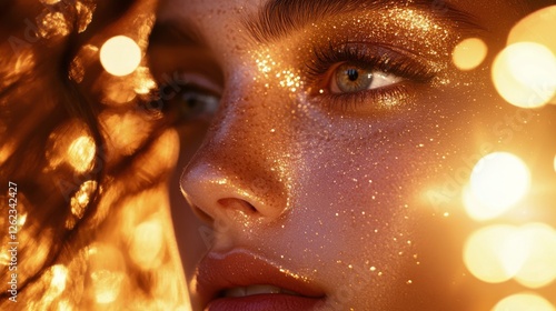 Elegant close-up of a woman with golden makeup against a shimmering golden ba...