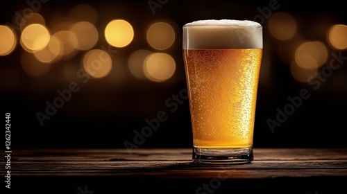 Refreshing glass of golden beer with frothy head illuminated by soft glowing ...