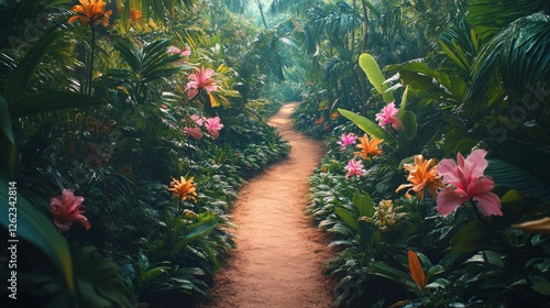Lush green pathway winding through tropical foliage with vibrant flowers and ...