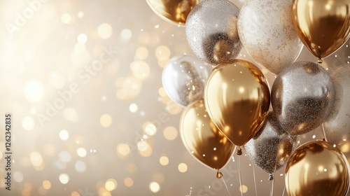 Festive golden and silver balloons arranged against a textured background for...