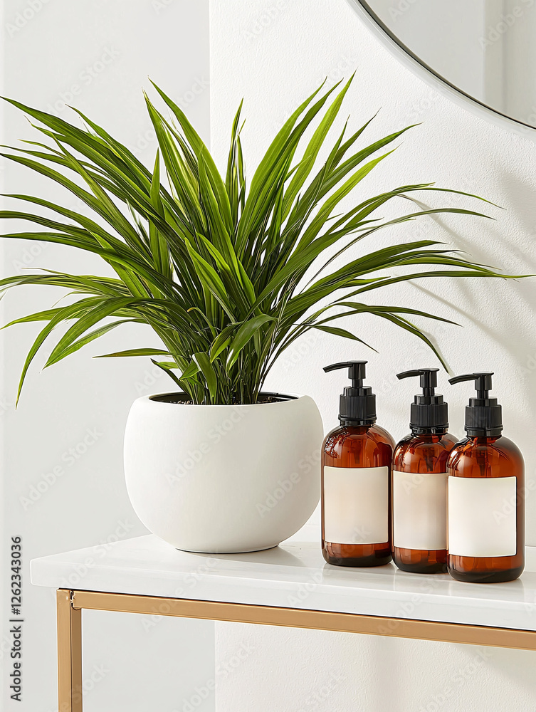 Plant in a white pot next to amber bottles with pump dispensers on a white surface. Plant in a white pot next to amber bottles with pump dispensers on a white surface.