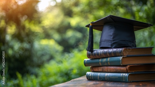Graduating student cap resting on a stack of antique books in a green outdoor...