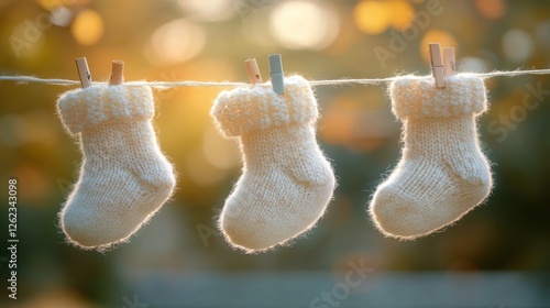 Cute white baby socks hanging on a clothesline in a sunny garden setting with...