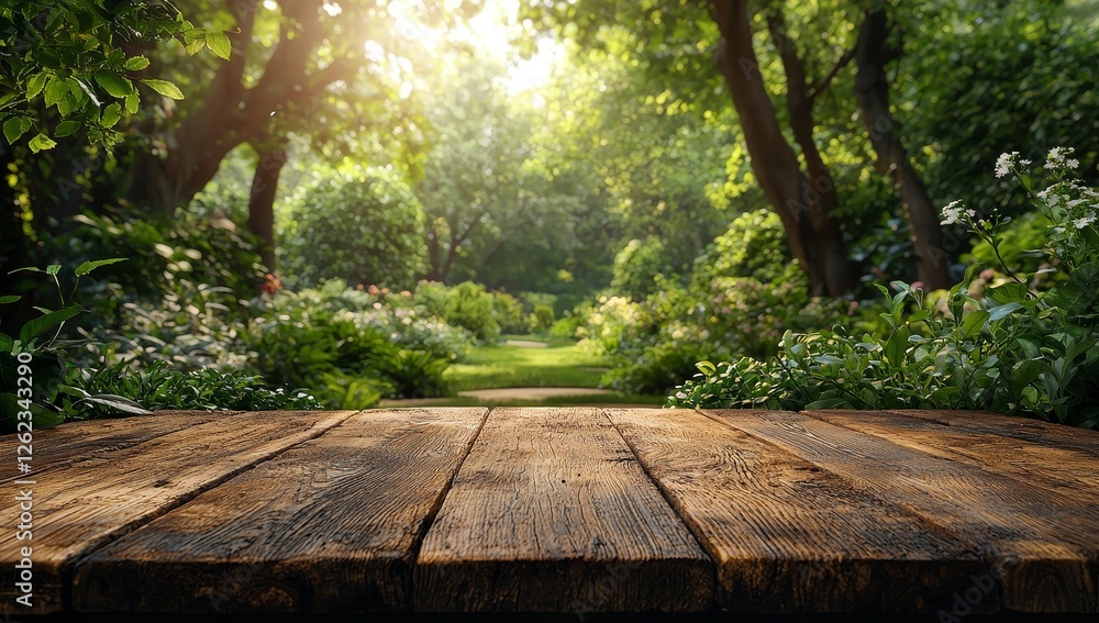 Summer ambiance in the garden is set with a grill and wooden table, with the surrounding background deliberately blurred Summer ambiance in the garden is set with a grill and wooden table, with the surrounding background deliberately blurred
