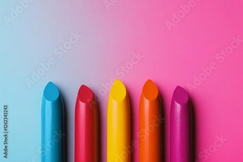 Vivid lip colors arranged in a gradient of hues on a colorful background